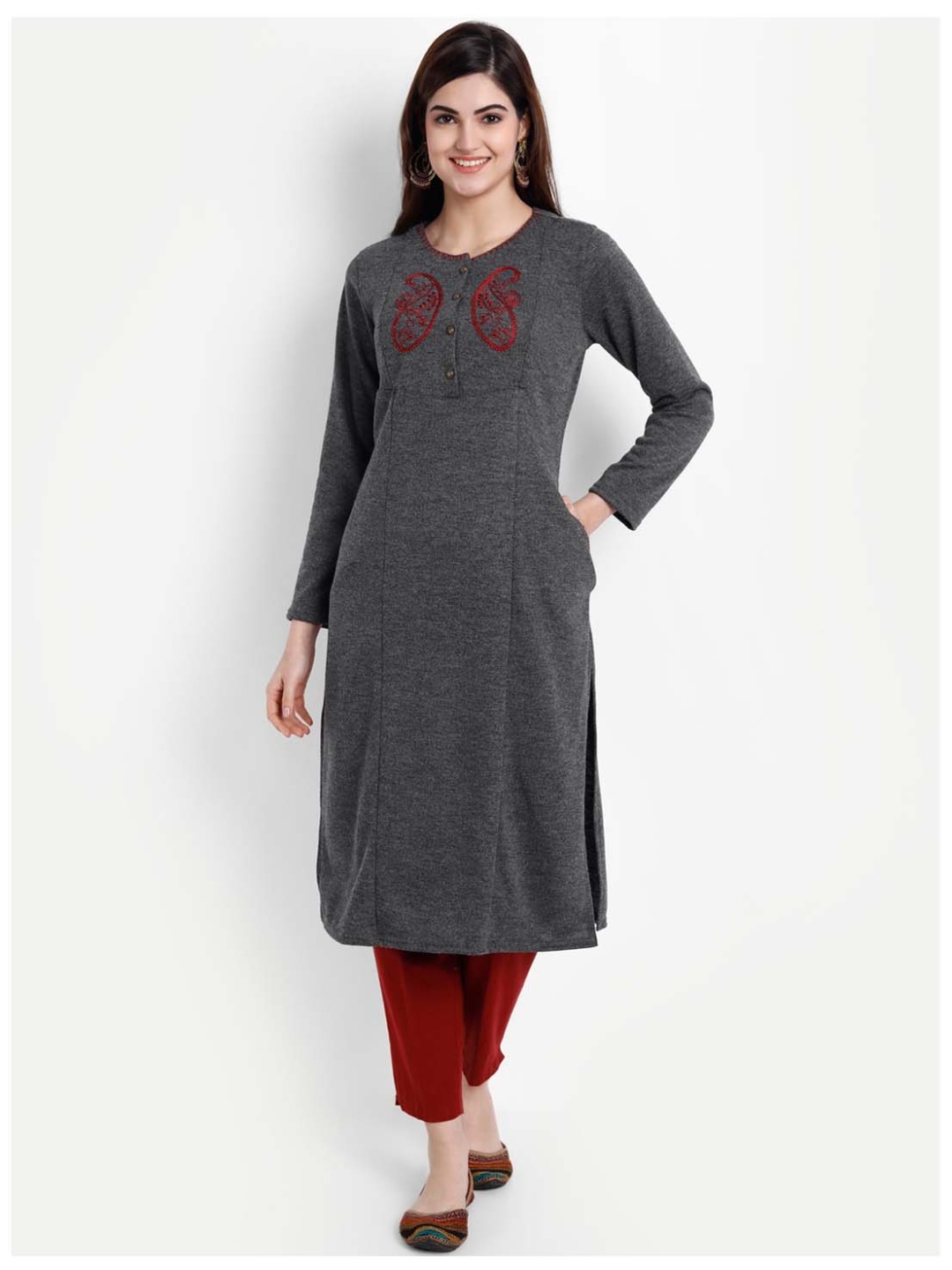 

SUTI Ethnic Motifs Embroidered Thread Work Wool Kurta, Grey