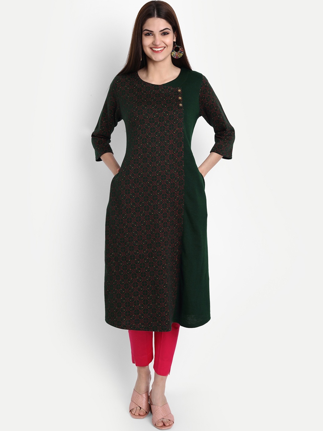 

SUTI Ethnic Motifs Screen Printed Wool Kurta, Green