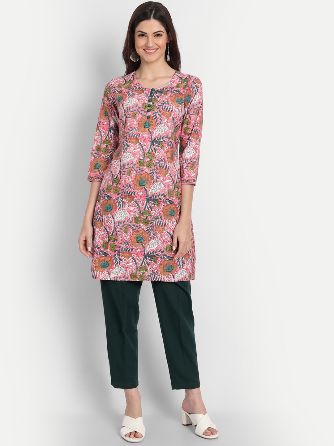 

SUTI Straight Hem Floral Printed Cotton Kurta, Pink