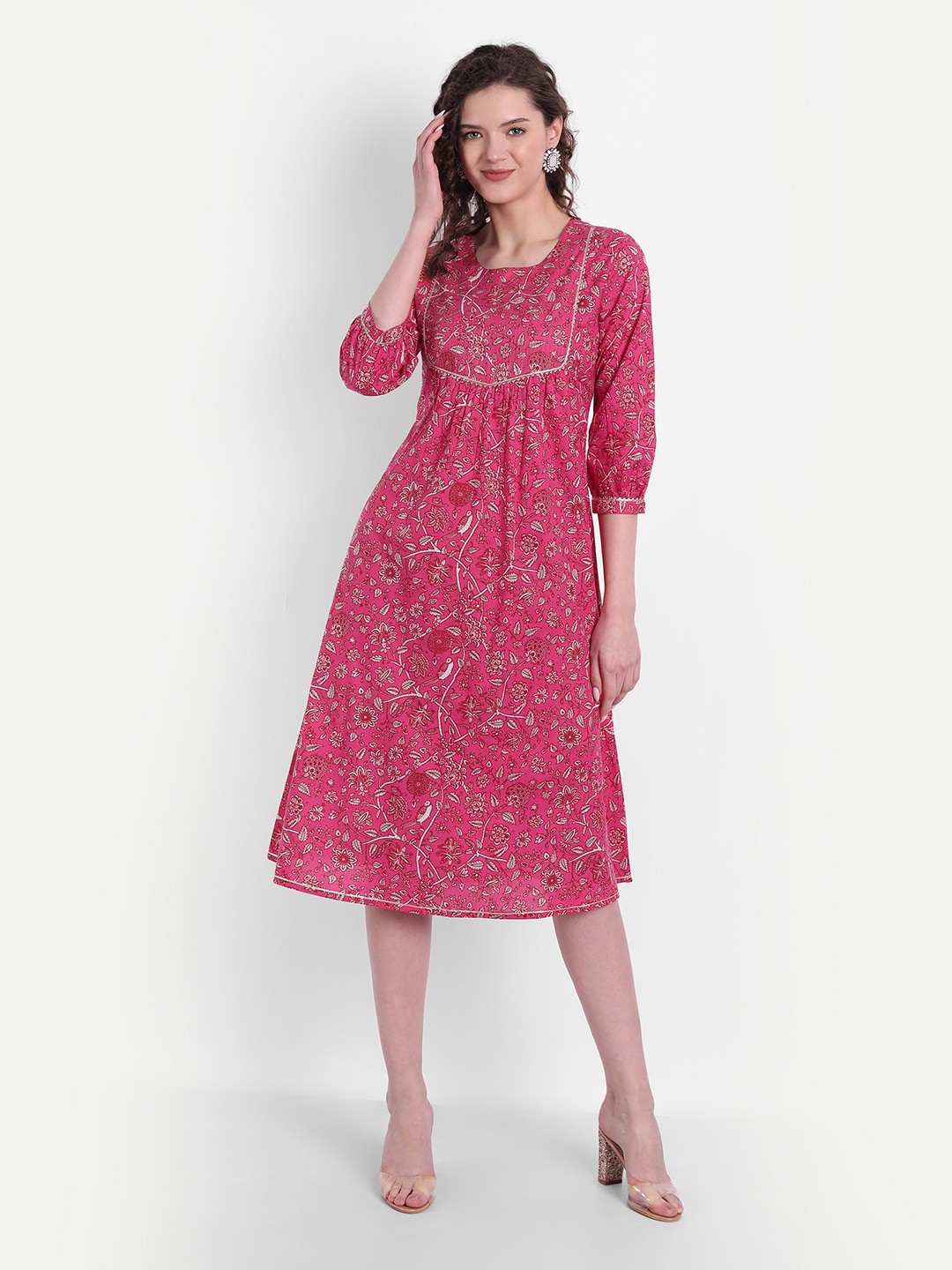 

SUTI Ethnic Motifs Cotton A-Line Midi Dress, Fuchsia