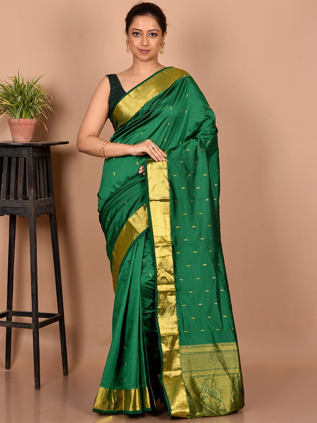 

AllSilks Ethnic Motifs Zari Kanjeevaram Saree, Green