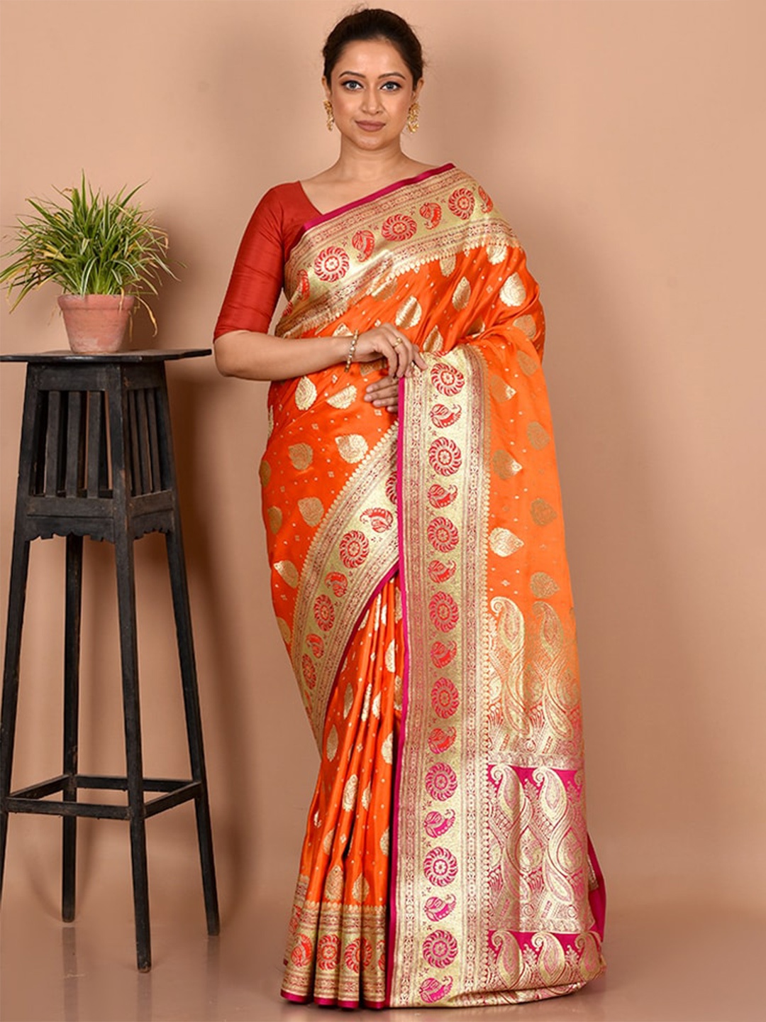 

AllSilks Woven Design Zari Silk Blend Banarasi Saree, Orange