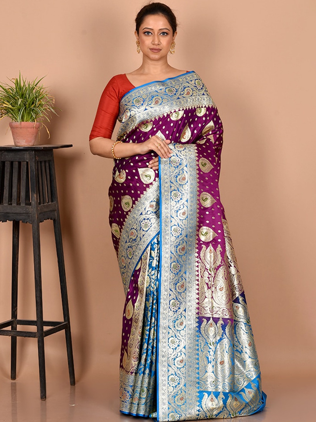 

AllSilks Woven Design Zari Silk Blend Banarasi Saree, Purple