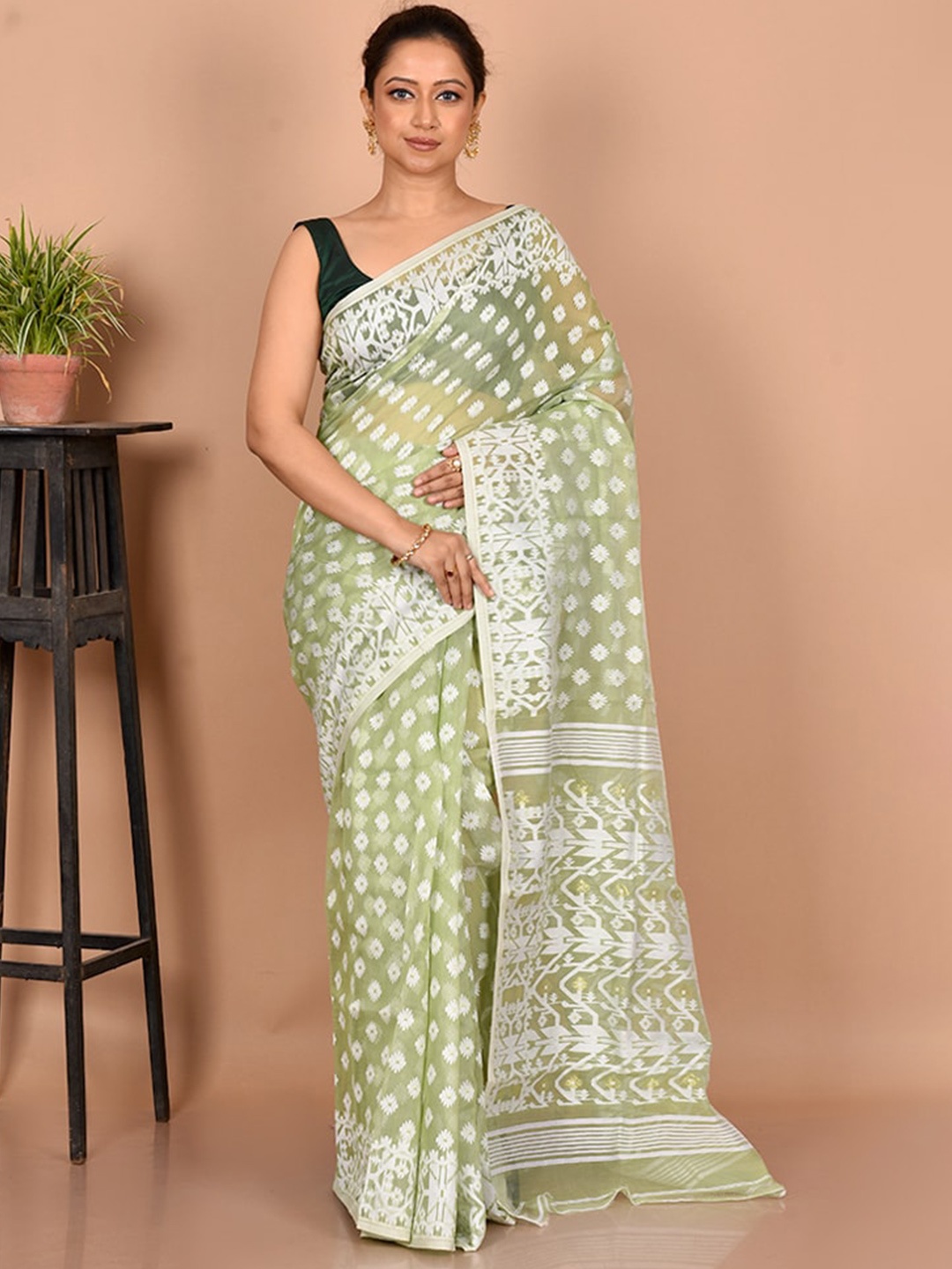 

AllSilks Woven Design Pure Cotton Taant Saree, Green