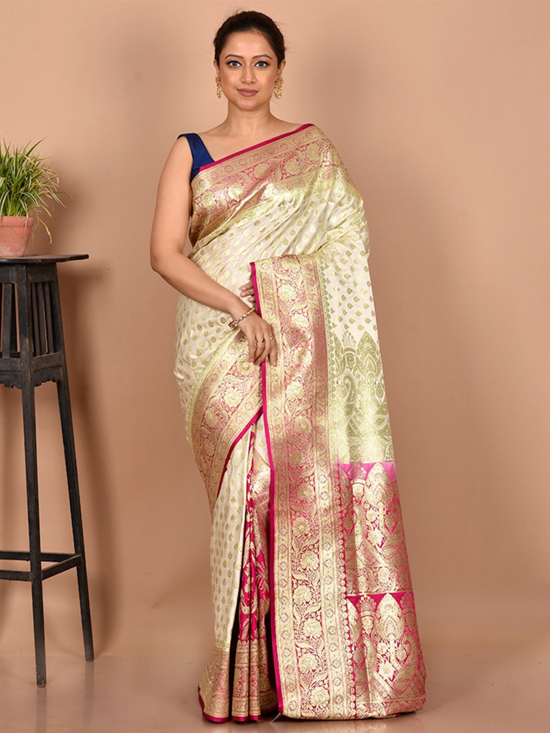 

AllSilks Woven Design Zari Silk Blend Banarasi Saree, Off white