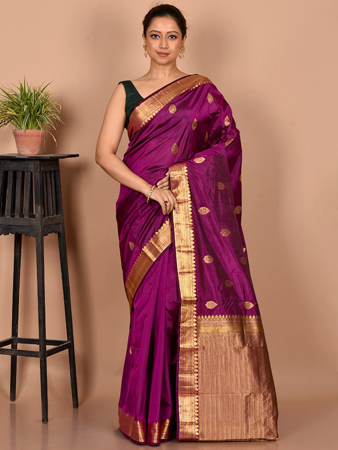 

AllSilks Woven Design Zari Silk Blend Kanjeevaram Saree, Purple