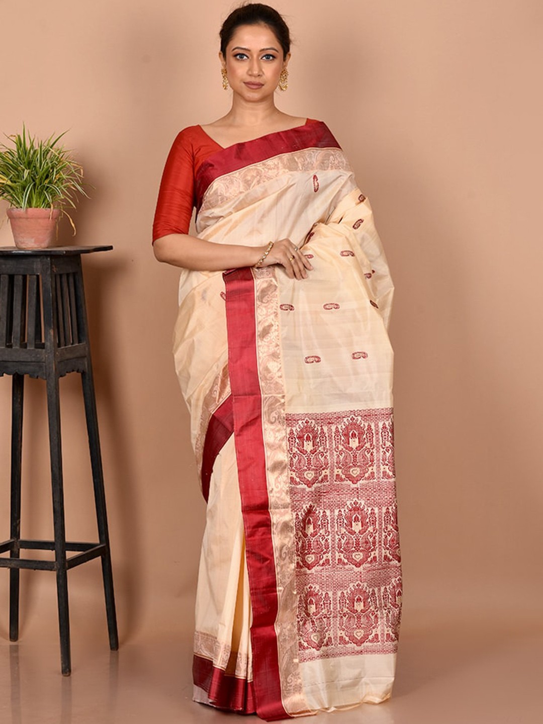 

AllSilks Woven Design Zari Pure Silk Saree, Cream