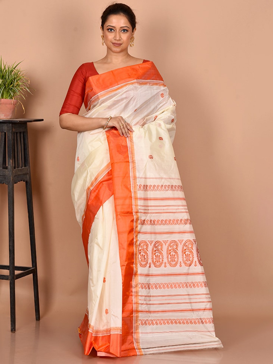 

AllSilks Paisley Pure Silk Saree, Off white