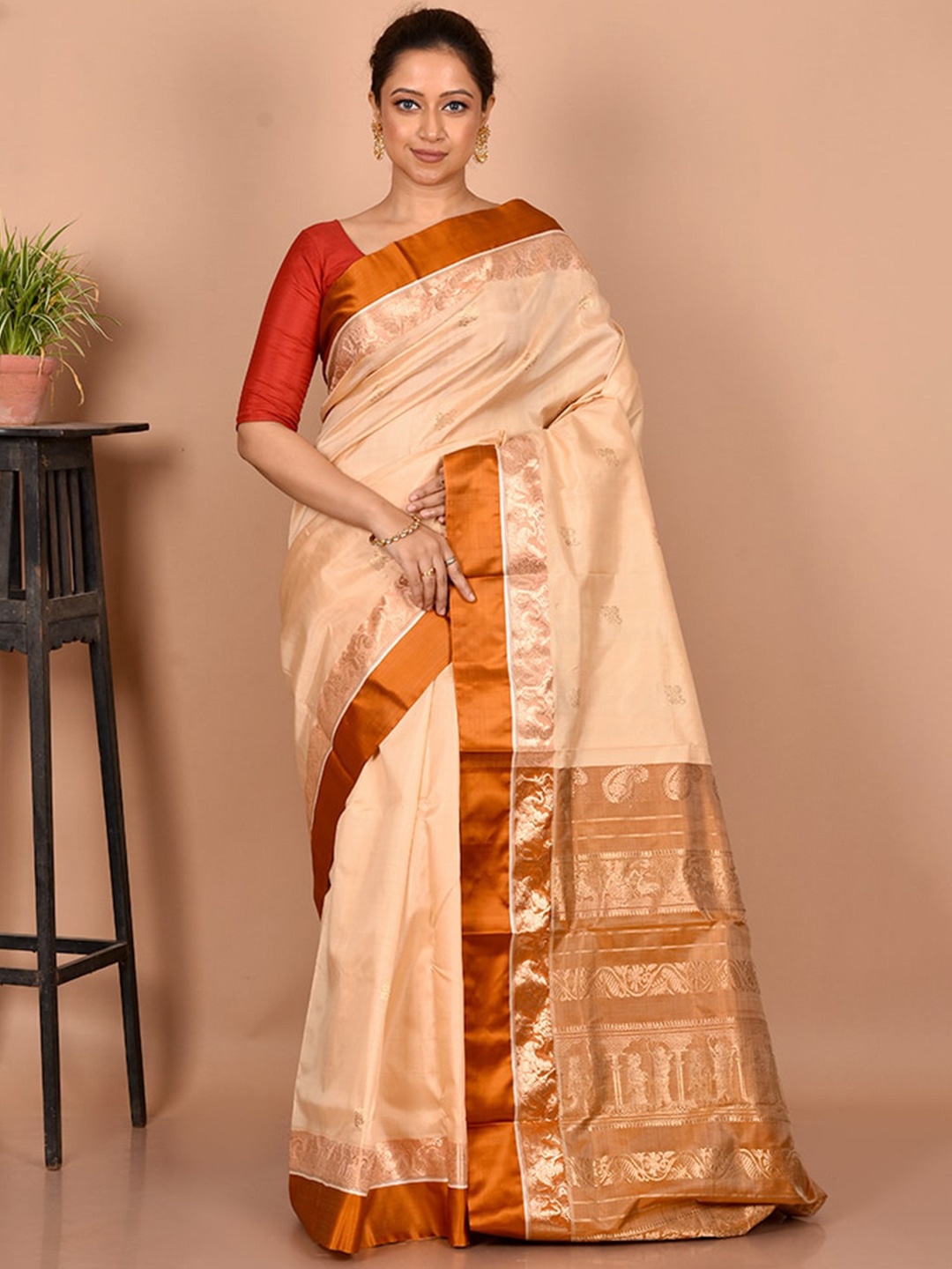 

AllSilks Woven Design Zari Pure Silk Saree, Cream