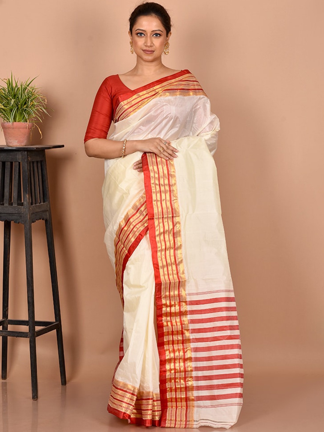 

AllSilks Zari Pure Silk Saree, Off white