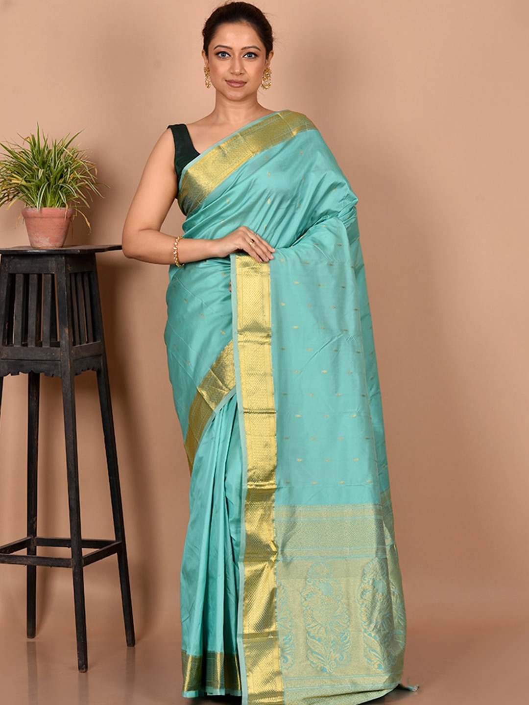 

AllSilks Woven Design Zari Silk Blend Kanjeevaram Saree, Blue