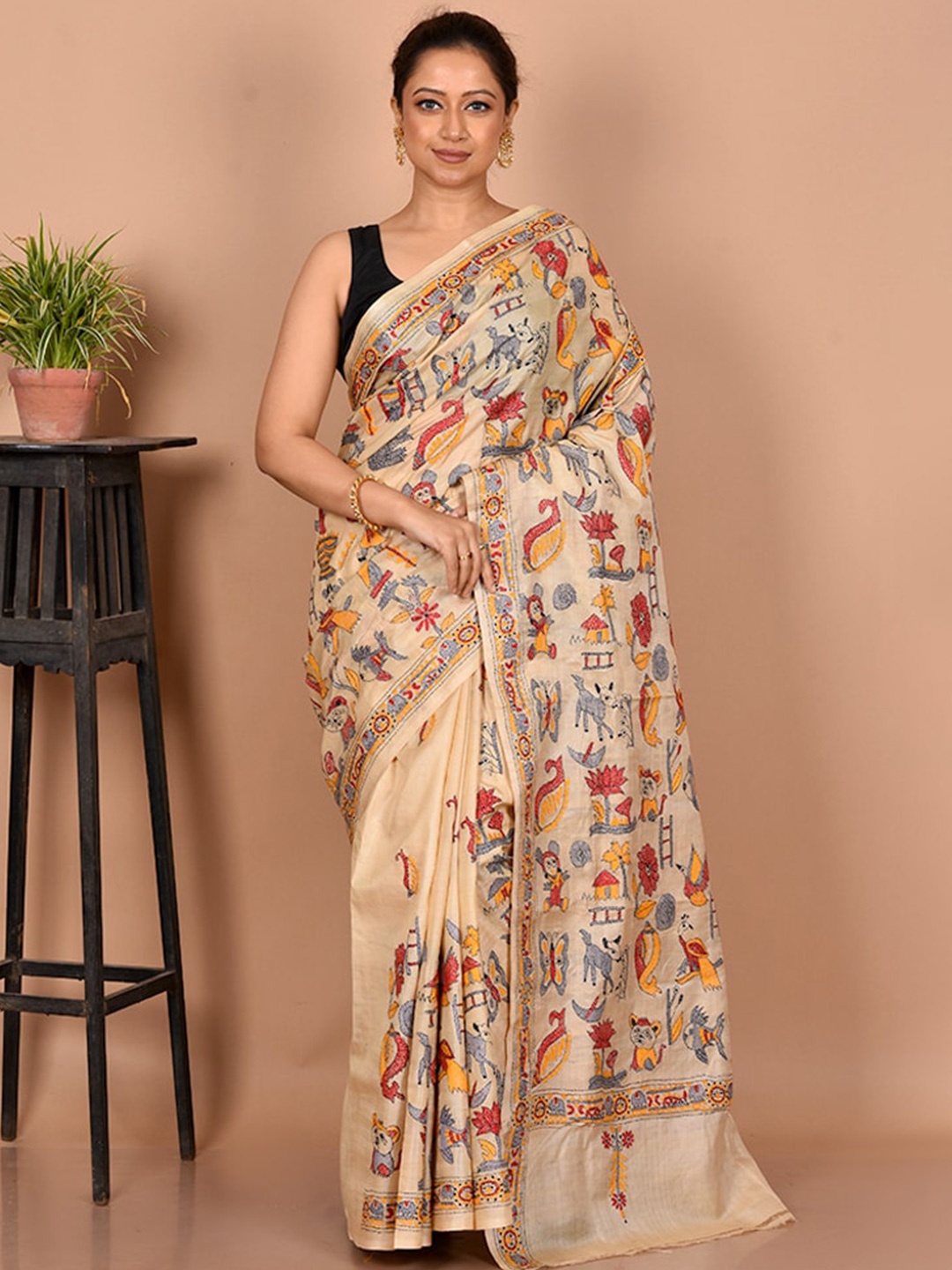 

AllSilks Ethnic Motifs Pure Silk Saree, Cream