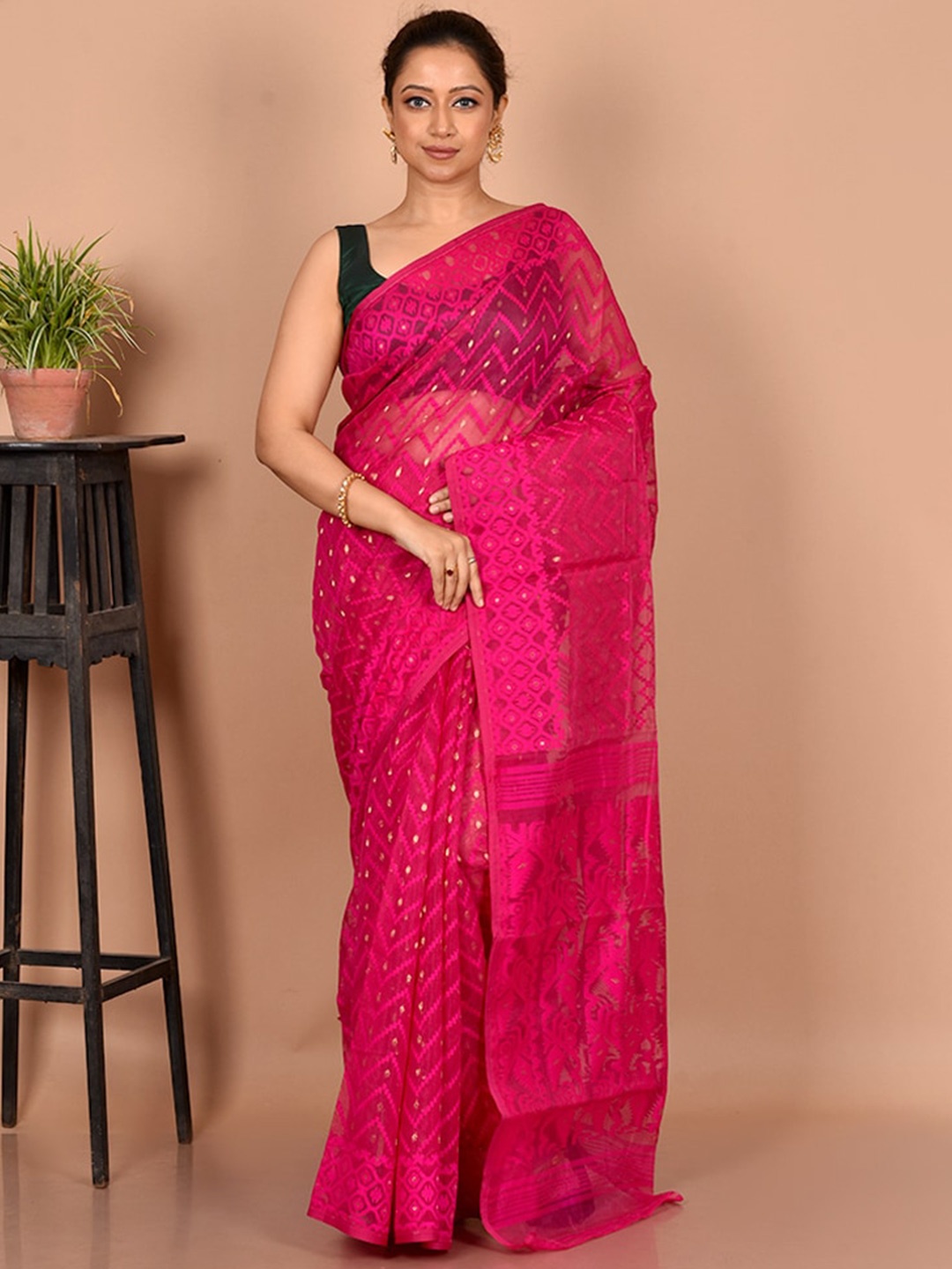 

AllSilks Pure Cotton Taant Saree, Pink