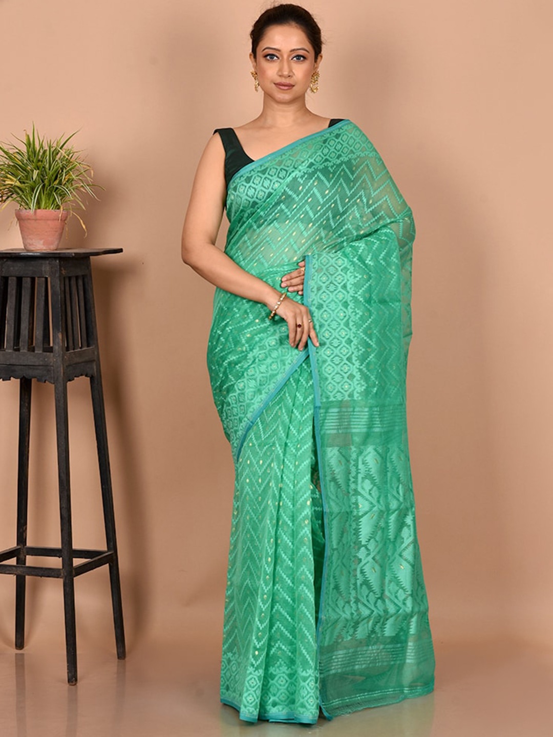 

AllSilks Pure Cotton Taant Saree, Sea green