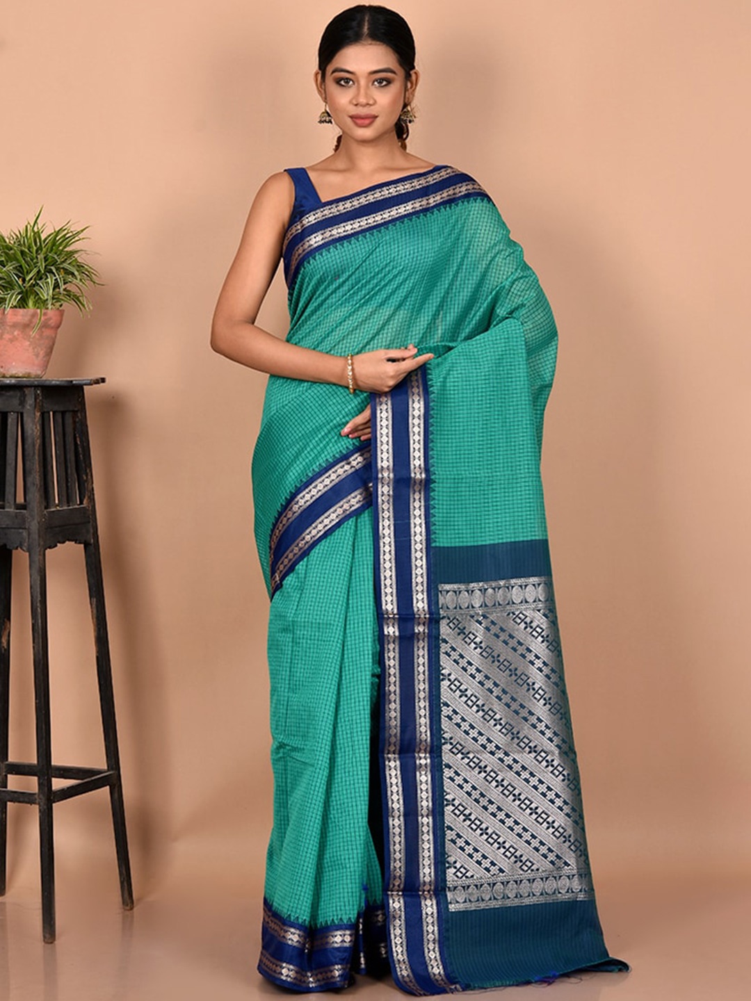 

AllSilks Checked Pure Cotton Saree, Green