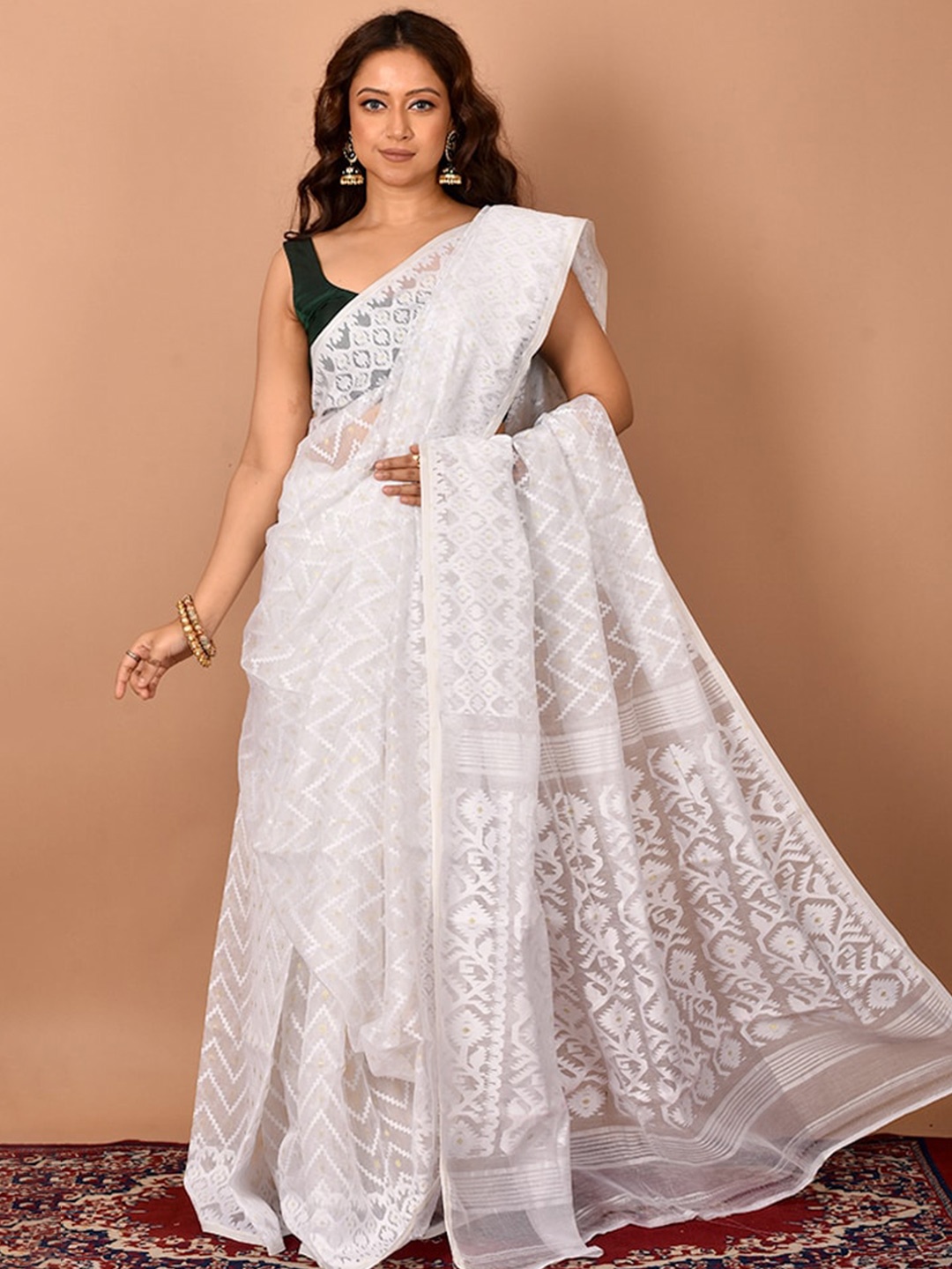 

AllSilks Floral Pure Cotton Taant Saree, White