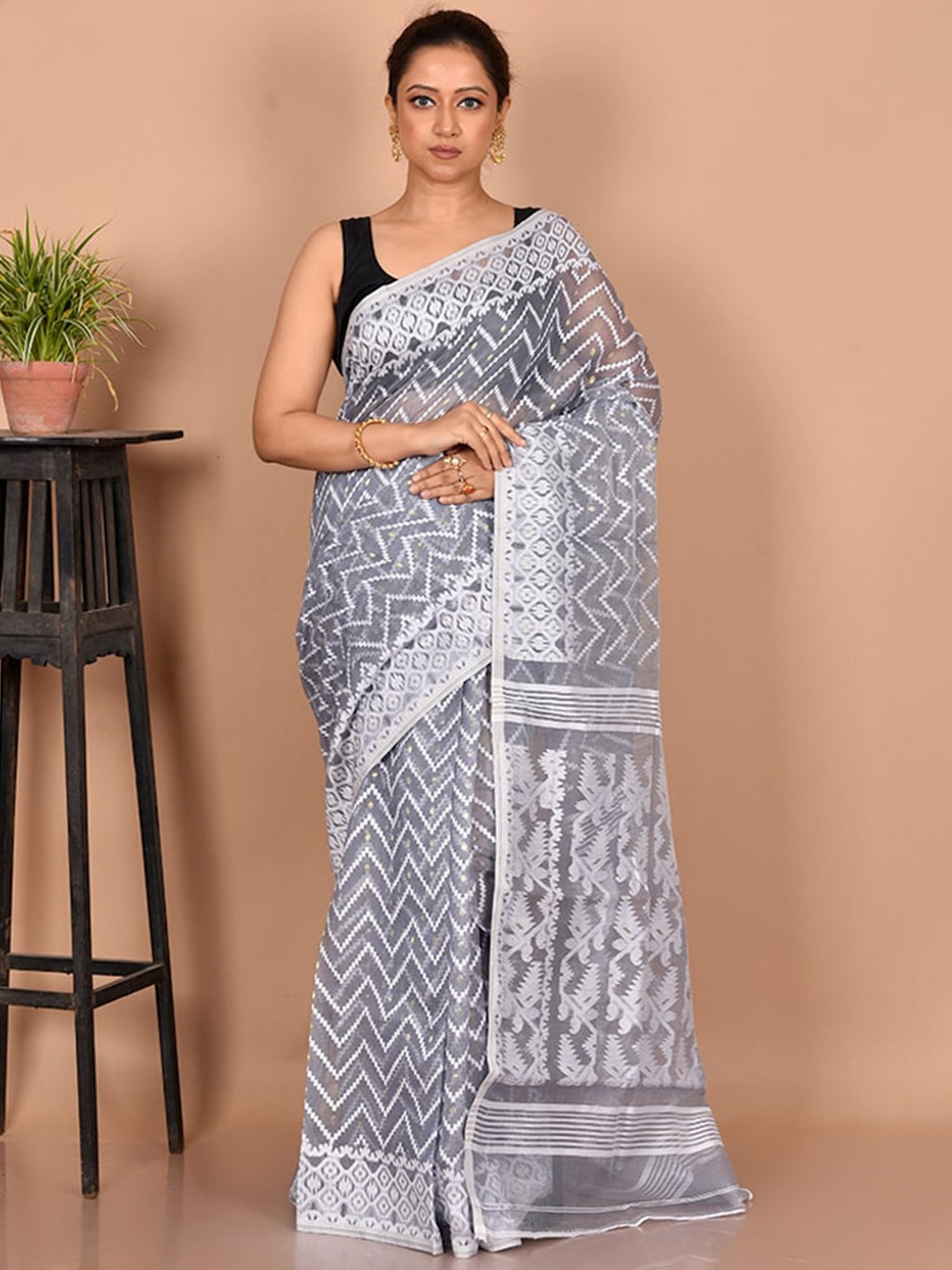 

AllSilks Floral Pure Cotton Taant Saree, Grey