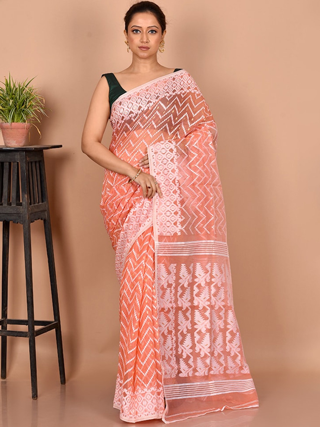 

AllSilks Floral Pure Cotton Taant Saree, Peach