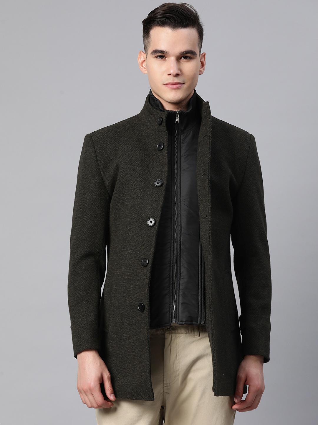 

Pierre Carlo Men Stand Collar Pea Coat, Olive