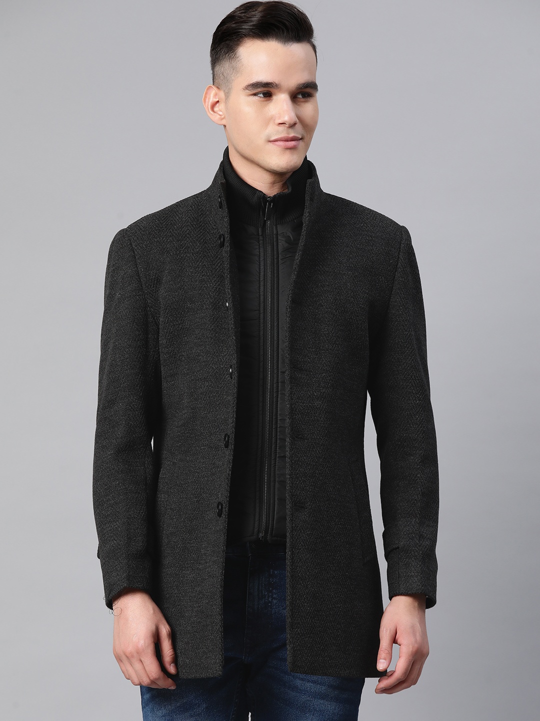 

Pierre Carl Men Self Design Stand Collar Overcoat, Grey