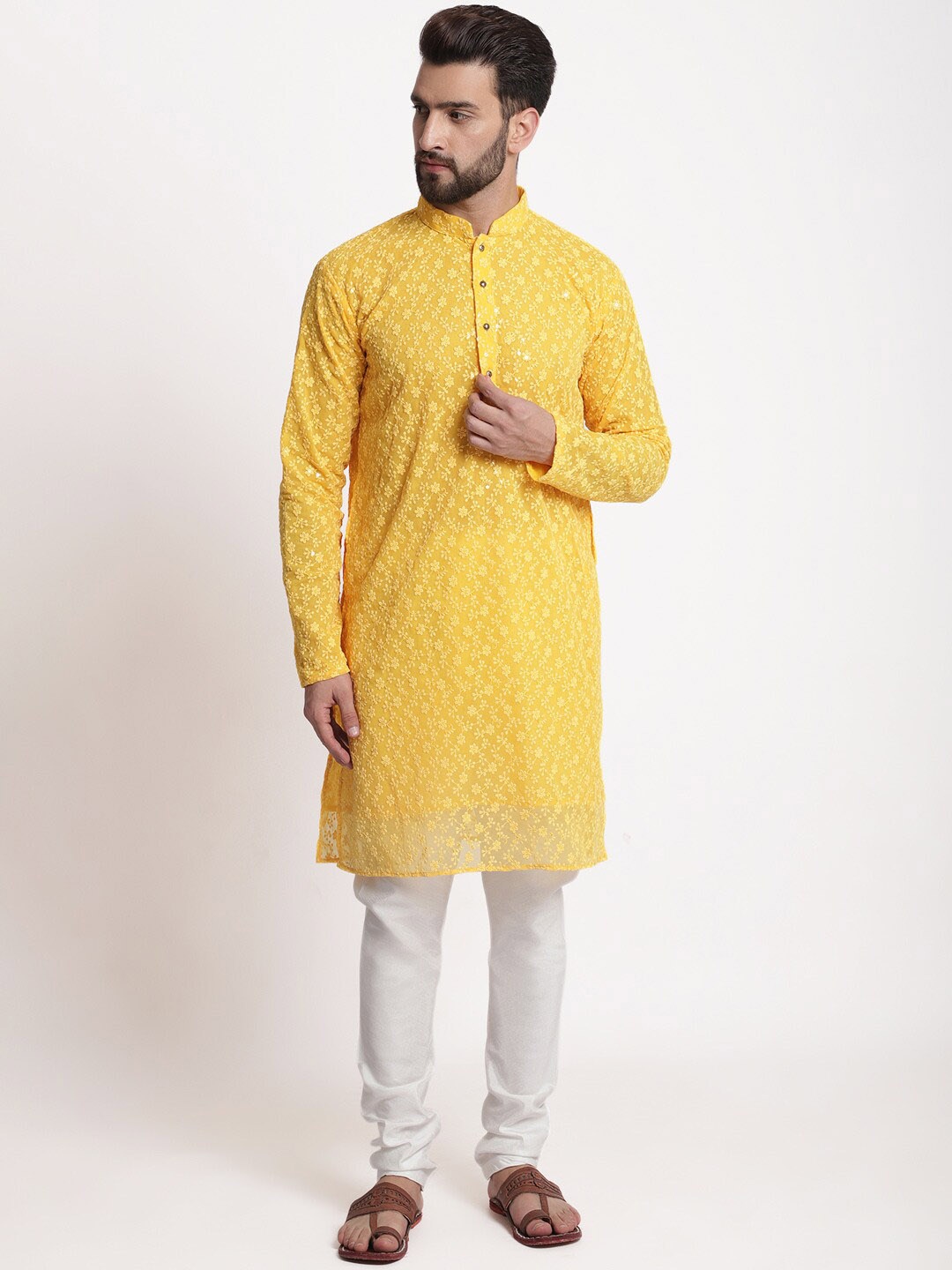 

TREEMODA Men Floral Embroidered Chikankari Kurta with Churidar, Yellow