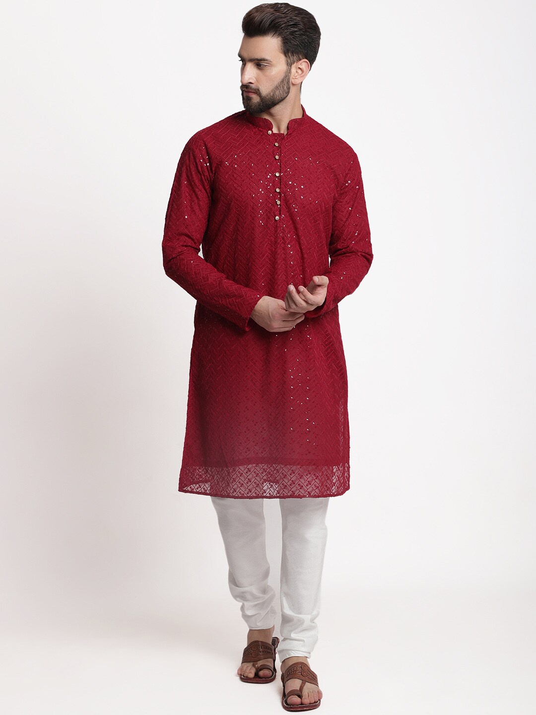 

TREEMODA Men Embroidered Chikankari Kurta with Churidar, Maroon