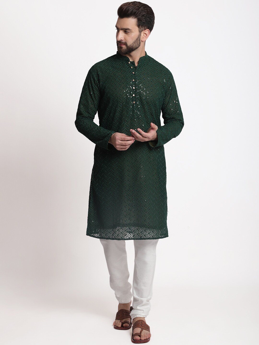 

TREEMODA Men Ethnic Motifs Embroidered Chikankari Kurta with Churidar, Green