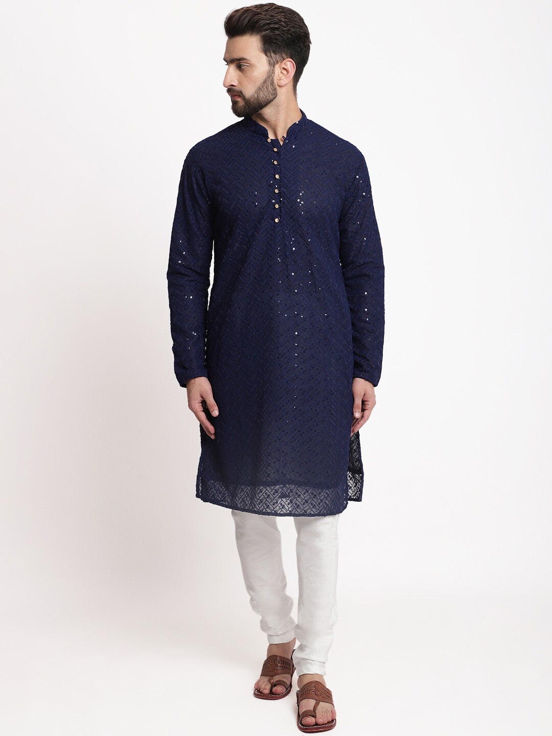 

TREEMODA Men Ethnic Motifs Embroidered Chikankari Kurta with Churidar, Navy blue