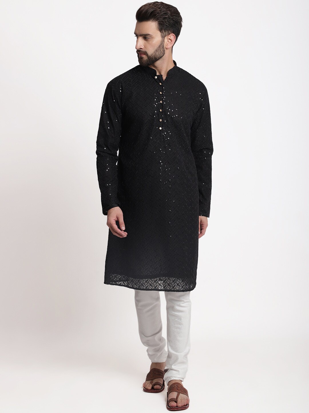 

TREEMODA Men Ethnic Motifs Embroidered Chikankari Kurta with Churidar, Black