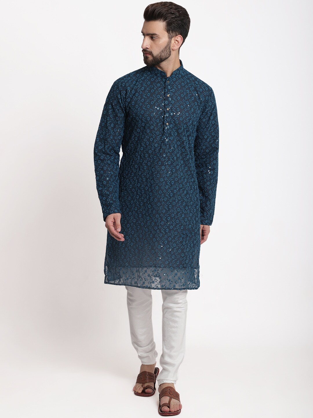 

TREEMODA Men Floral Embroidered Chikankari Kurta with Churidar, Blue