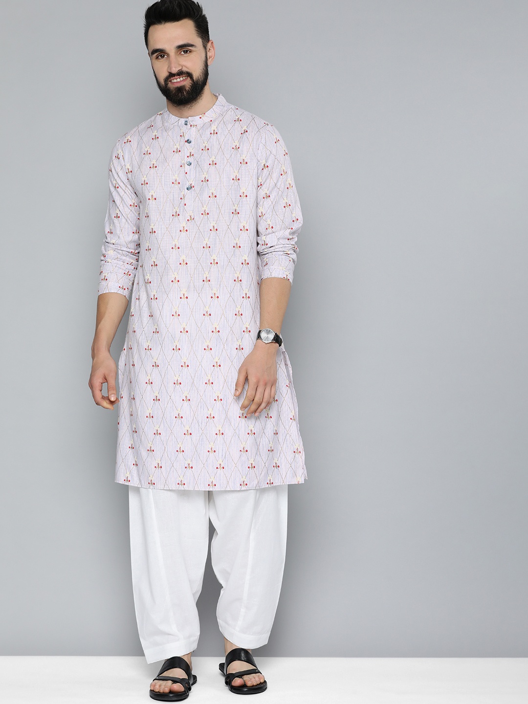 

HERE&NOW Men Printed Pure Cotton Kurta with Pyjamas, Off white