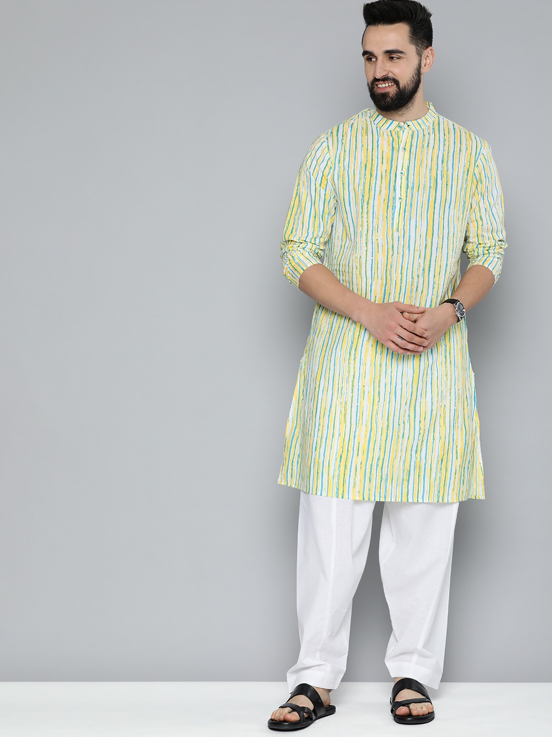 

HERE&NOW Men Striped Pure Cotton Kurta with Pyjamas, Yellow