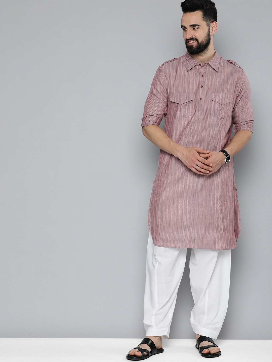 

HERE&NOW Men Woven Design Pure Cotton Pathani Kurta with Pyjamas, Mauve