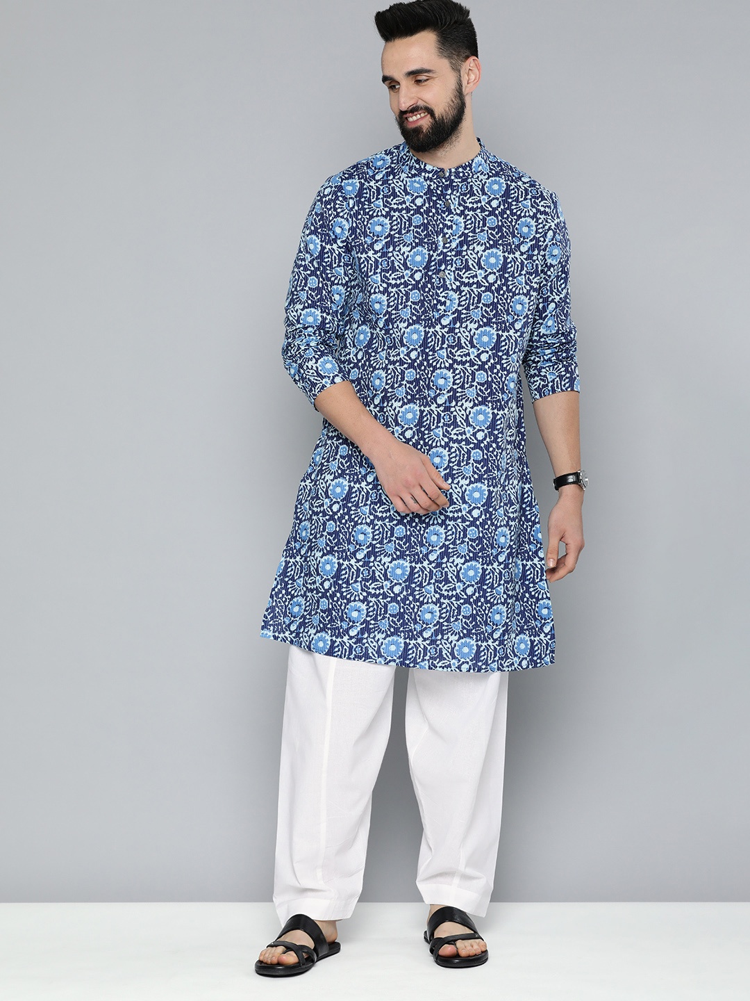 

HERE&NOW Men Floral Printed Thread Work Pure Cotton Kurta with Pyjamas, Navy blue