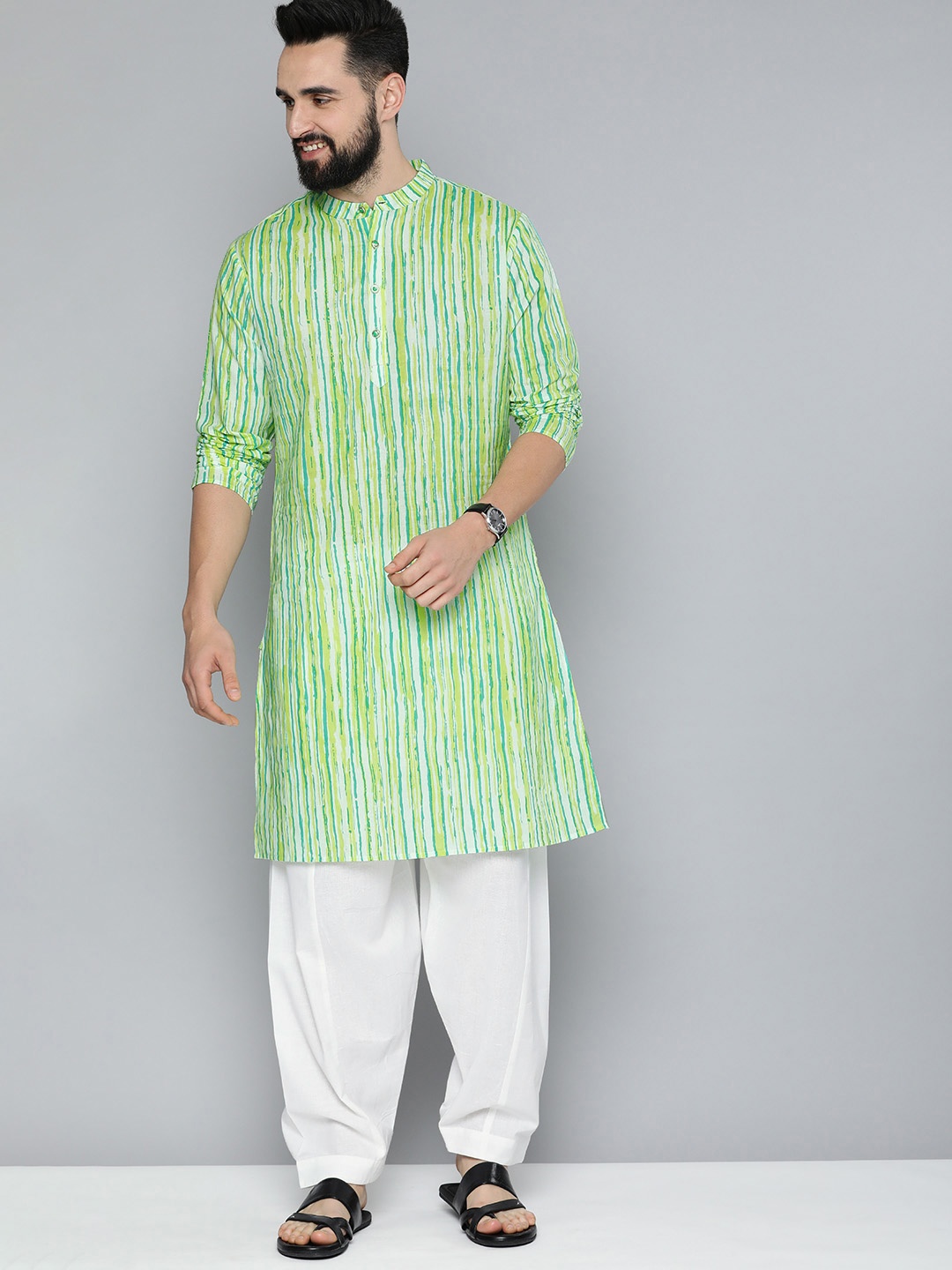 

HERE&NOW Men Striped Pure Cotton Kurta with Pyjamas, Lime green