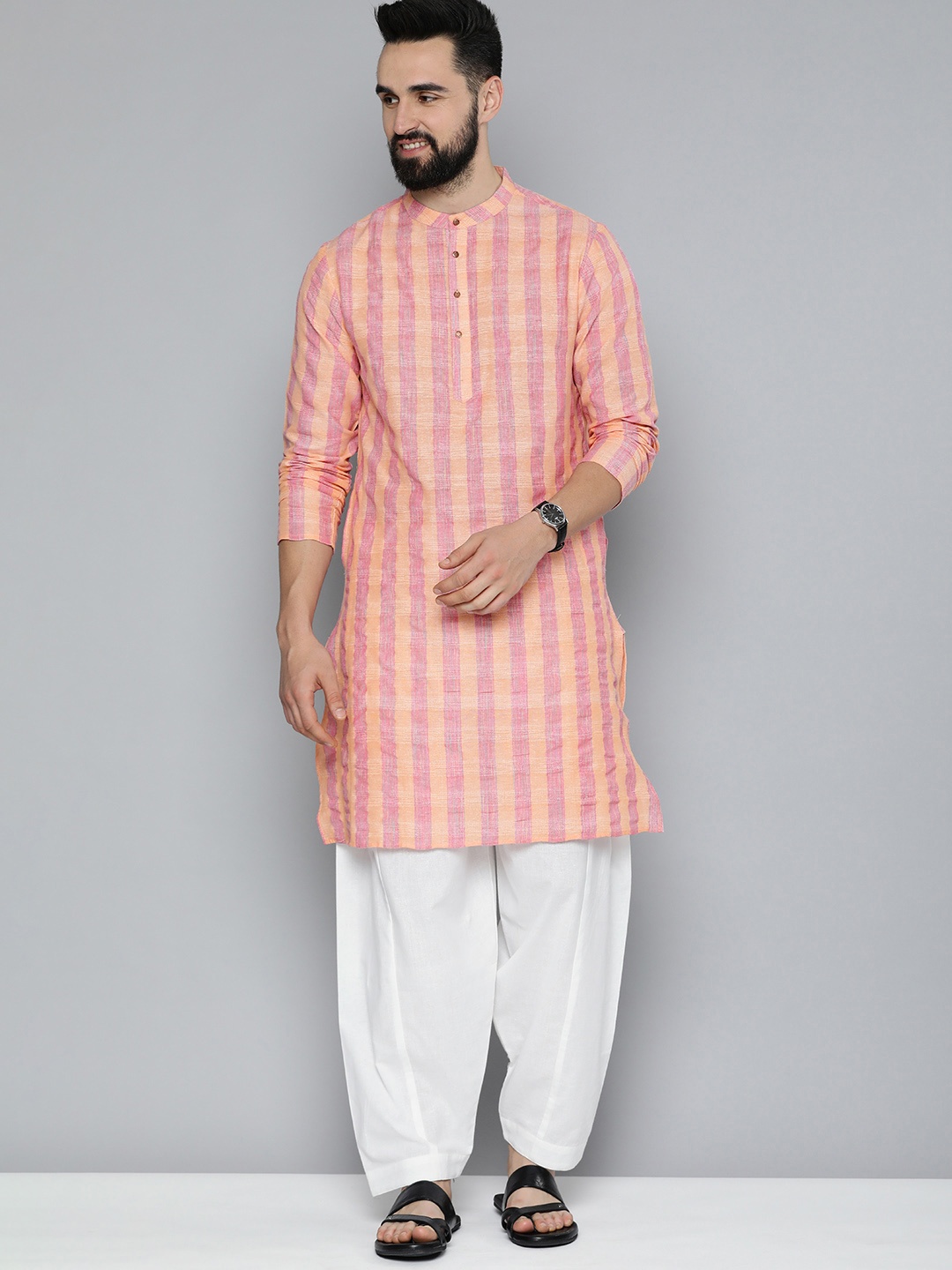 

HERE&NOW Men Striped Printed Kurta with Pyjamas, Pink