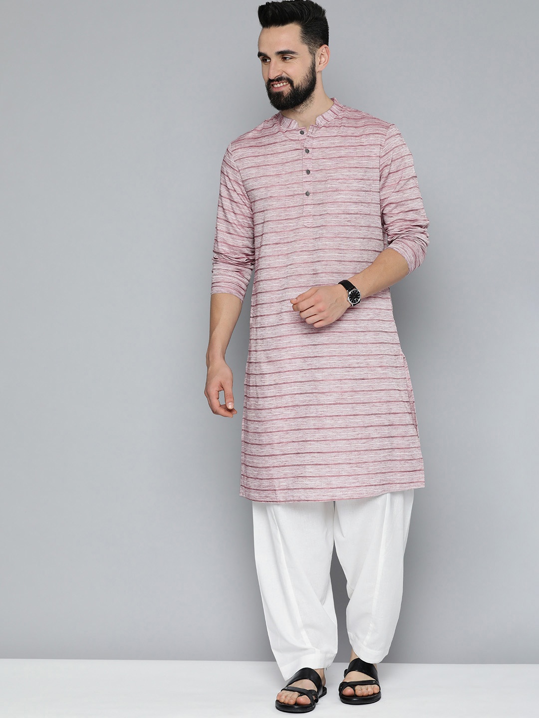 

HERE&NOW Men Striped Kurta with Pyjamas, Mauve