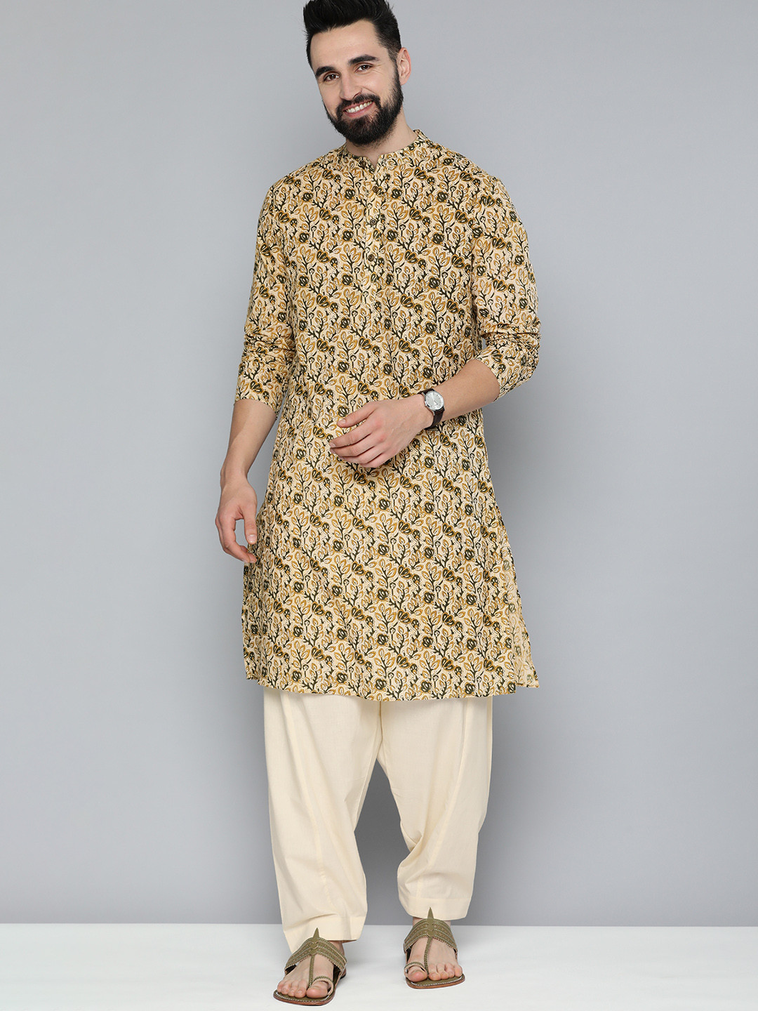 

HERE&NOW Men Ethnic Motifs Printed Pure Cotton Kurta with Pyjamas, Beige