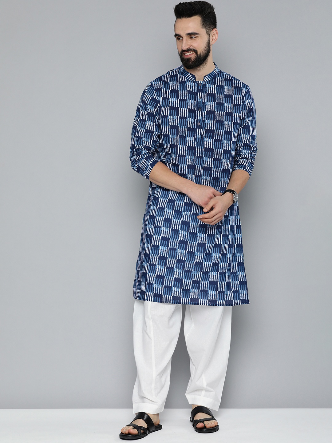 

HERE&NOW Men Printed Pure Cotton Kurta with Pyjamas, Navy blue