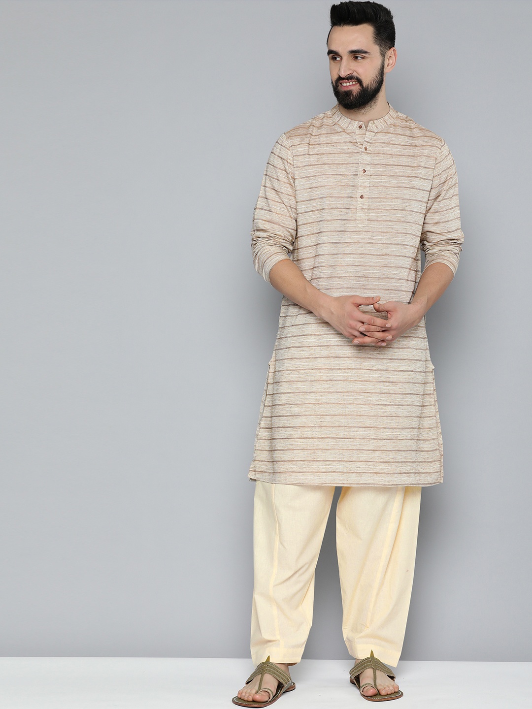 

HERE&NOW Men Printed Kurta with Pyjamas, Beige