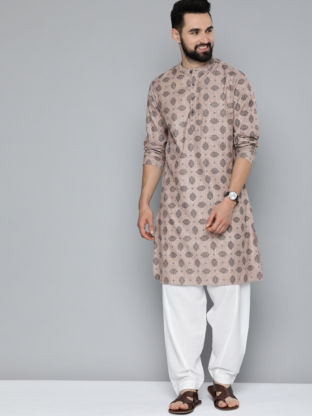

HERE&NOW Men Ethnic Motifs Printed Kurta with Pyjamas, Grey