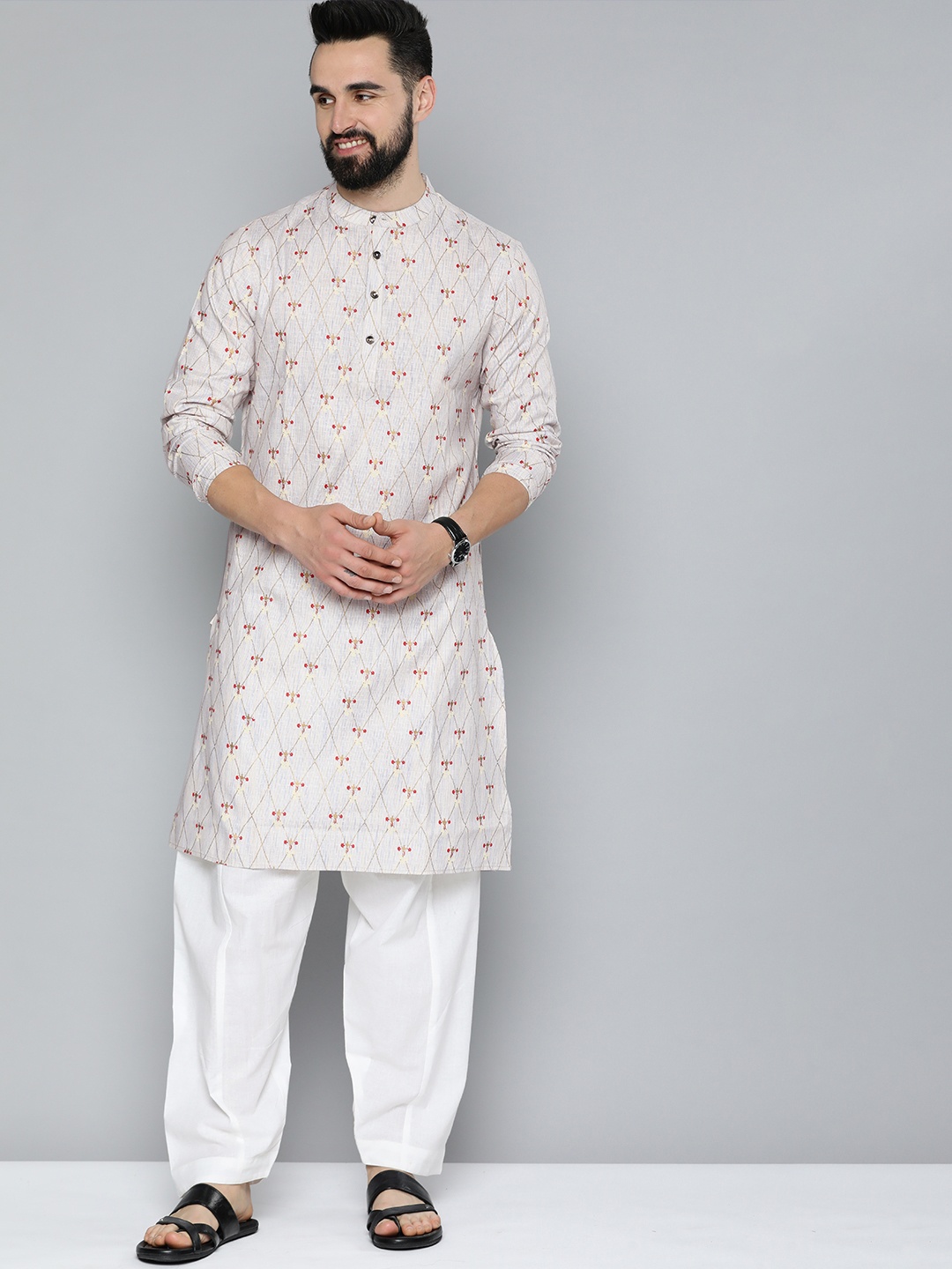 

HERE&NOW Men Printed Pure Cotton Kurta with Pyjamas, Off white