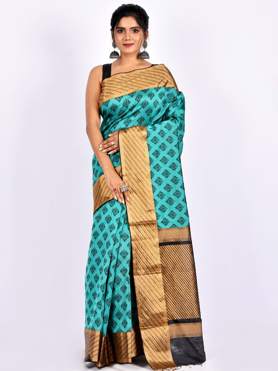 

AllSilks Sea Green & Black Woven Design Zari Pure Cotton Saree