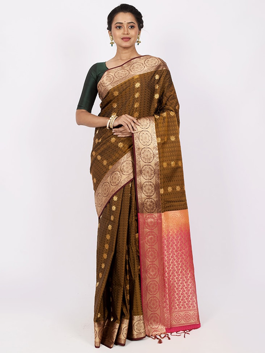 

AllSilks Olive Green & Pink Woven Design Zari Silk Blend Kanjeevaram Saree