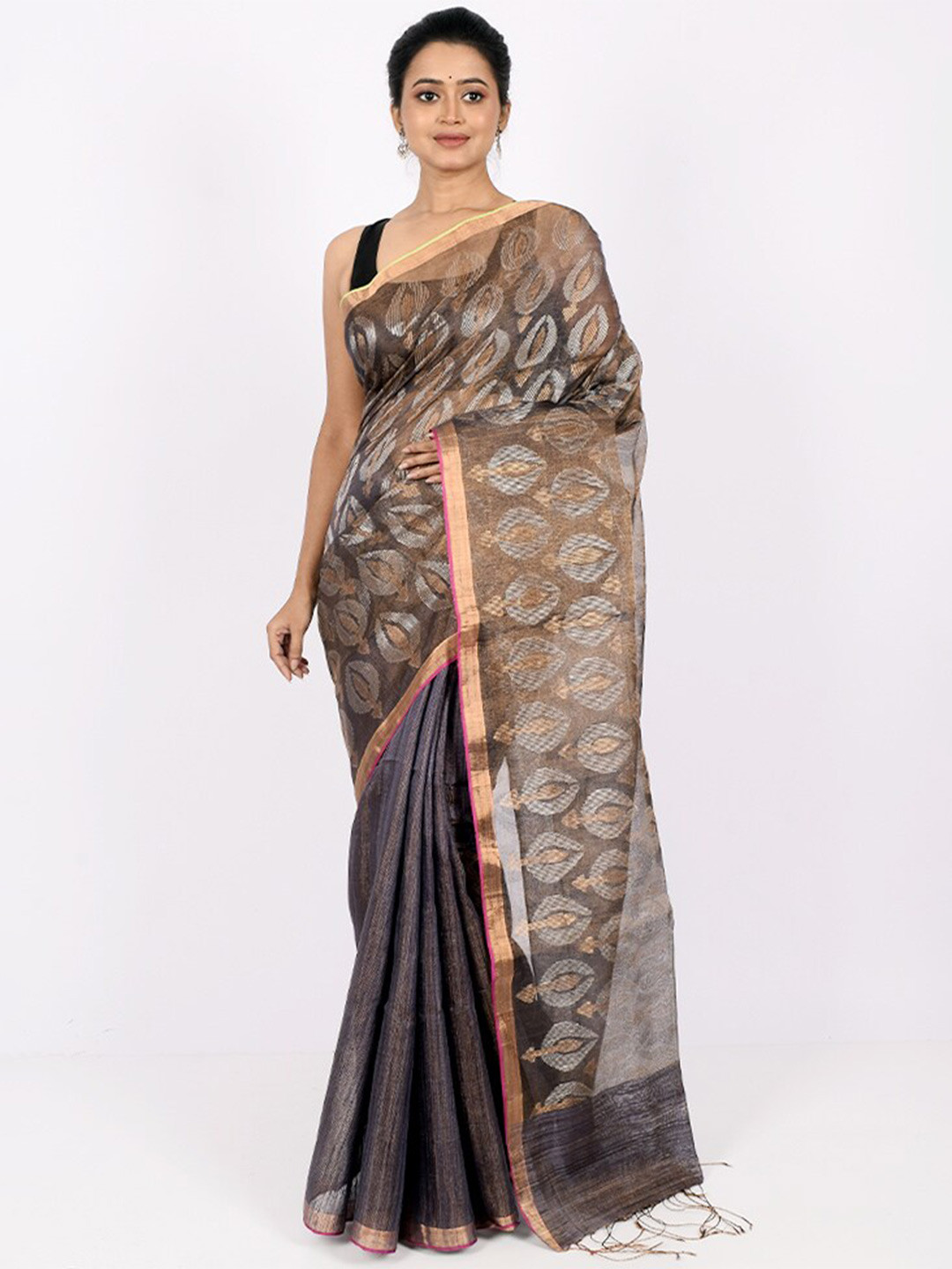 

AllSilks Grey & Gold-Toned Woven Design Zari Pure Silk Saree