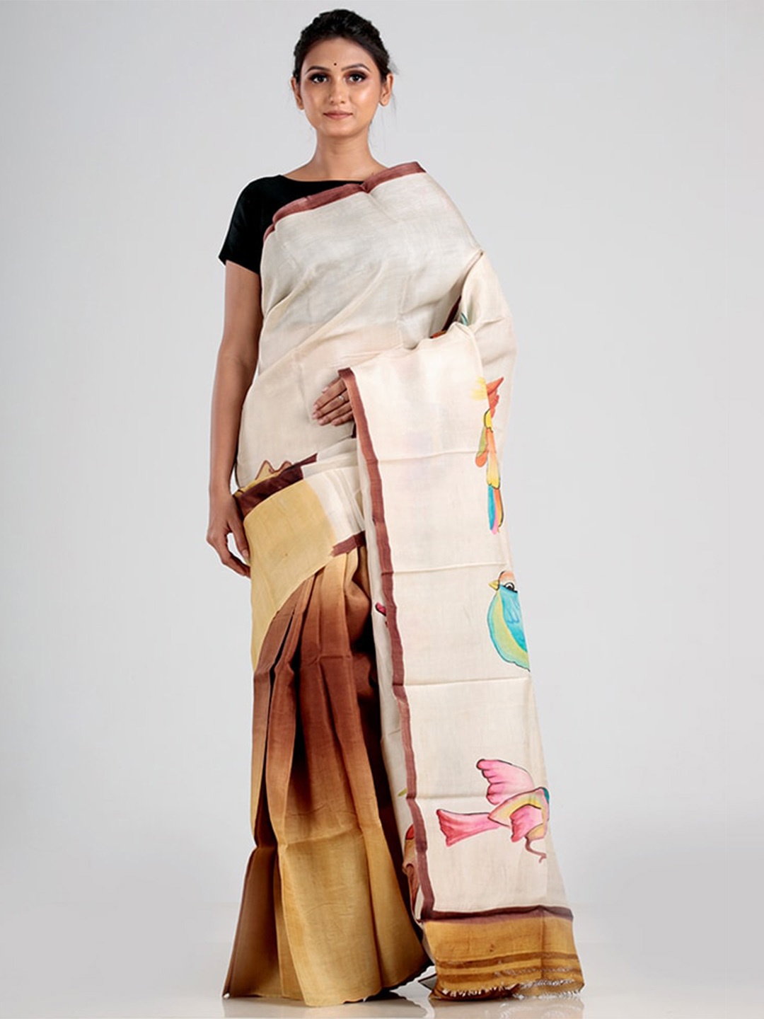 

AllSilks Cream-Coloured & Brown Floral Silk Blend Tussar Saree