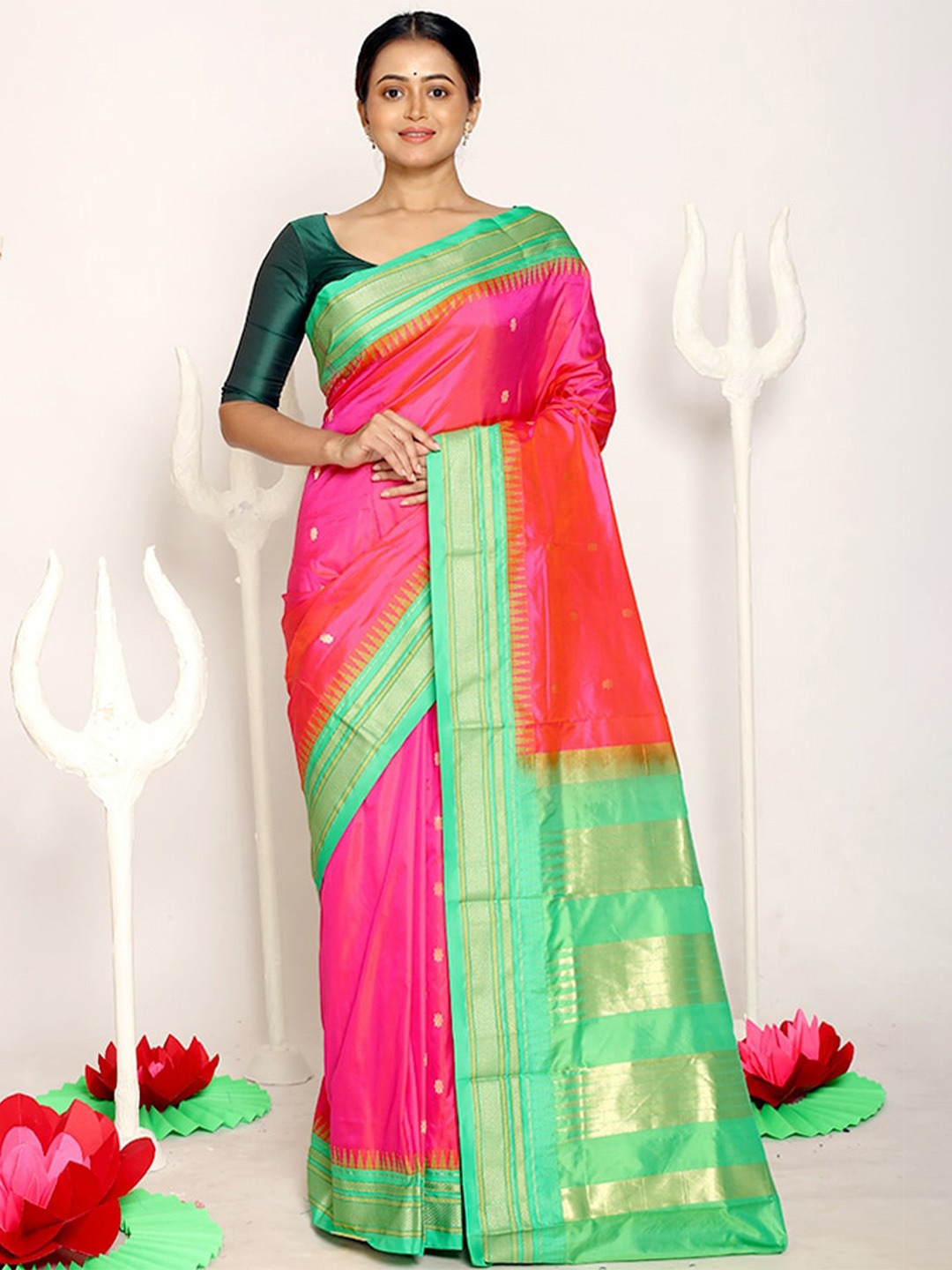 

AllSilks Pink & Green Woven Design Zari Pure Silk Kanjeevaram Saree