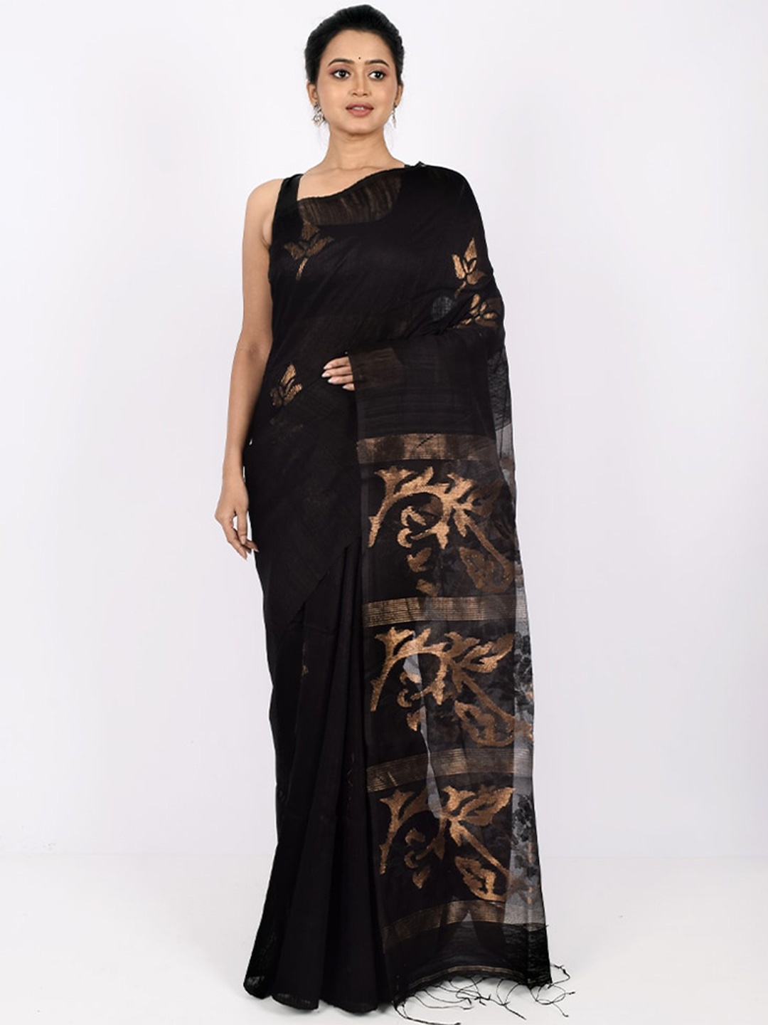 

AllSilks Black & Copper-Toned Woven Design Zari Pure Silk Saree