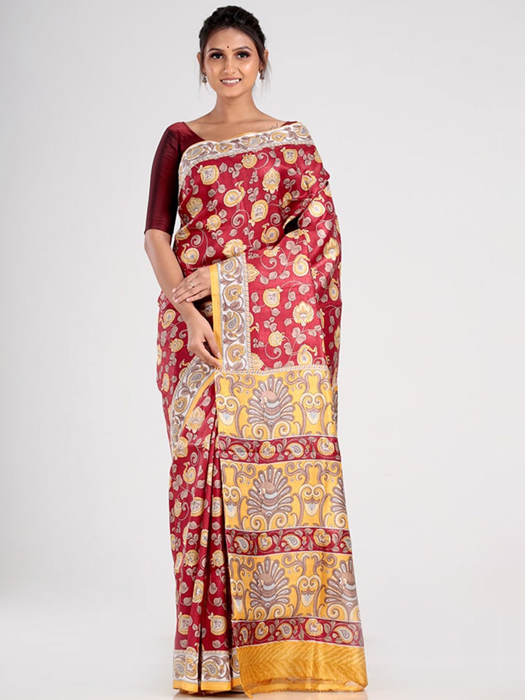 

AllSilks Red & Yellow Floral Silk Blend Tussar Saree