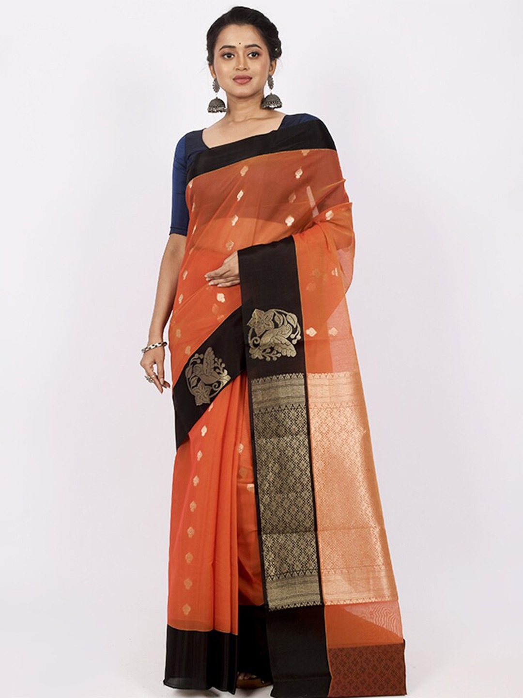 

AllSilks Orange & Black Woven Design Zari Pure Cotton Saree